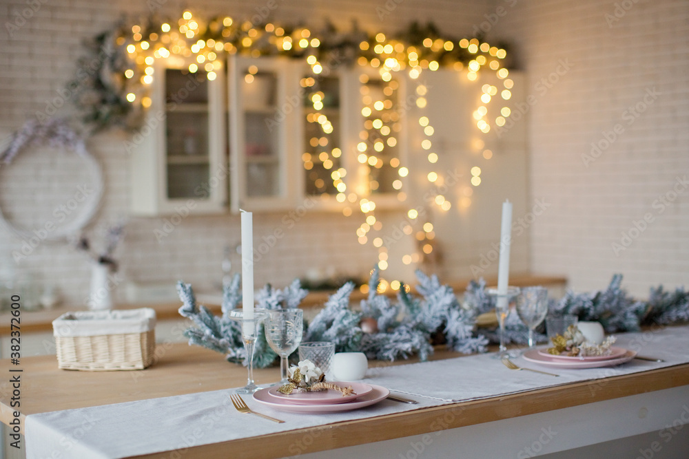 Light kitchen with Christmas decorations Light kitchen with Christmas decorations