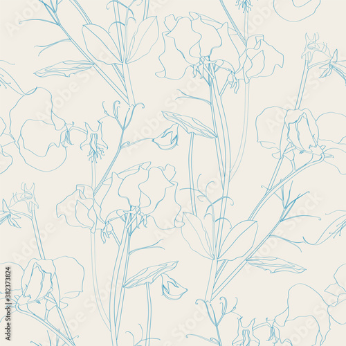 Seamless flower pattern background with Sweet pea flower and leaf, blue line drawing illustration. 