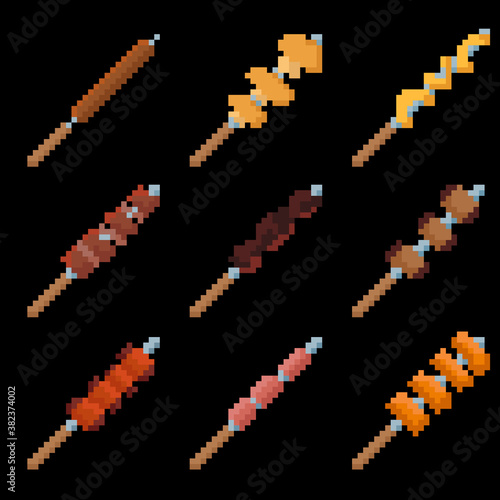 Food set of nine images of shish kebab. Images for different purposes sites, logos, restaurant menus, and more.