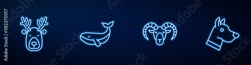 Set line Head of goat or ram, Deer head with antlers, Whale and Dog. Glowing neon icon on brick wall. Vector.