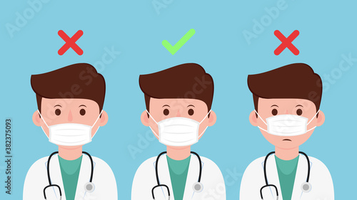 Doctors showing how to wearing protective mask correctly. Face mask vector.