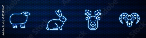 Set line Deer head with antlers, Sheep, Rabbit and Head of goat or ram. Glowing neon icon on brick wall. Vector.