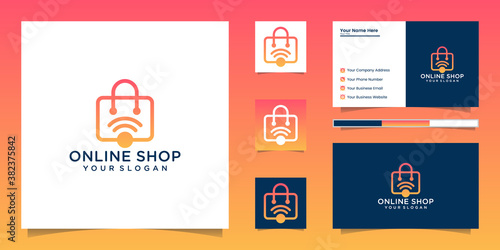 Online Shop Logo design template and wifi symbol. Shopping logo icon illustration design. Shopping bag icon for online shop business card logo.
