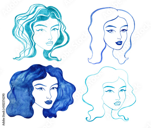 Set of four female faces on a white isolated background. Watercolor portraits of girls. Stylized female faces painted with blue paint. Woman's face for a logo. girls with big eyes.