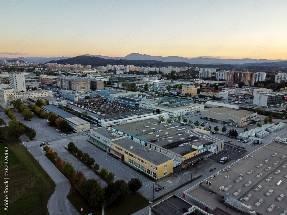 Evening industrial zone district drone aerial view