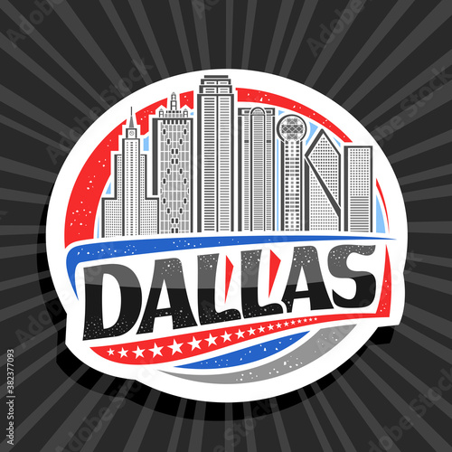 Vector logo for Dallas, white decorative badge with outline illustration of famous dallas city scape on day sky background, art design tourist fridge magnet with unique letters for black word dallas.