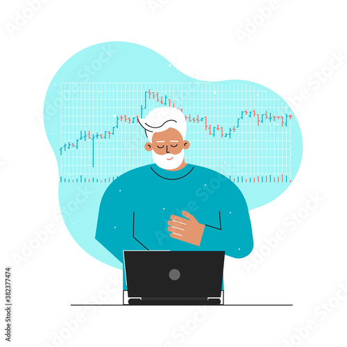 Vector concept with flat character of trader. Senior caucasian man is investor and works online on stocks exchange using laptop, analyzes data on bar chart, decides to sell shares. Financial market