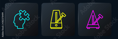 Set line Solution to the problem, Metronome with pendulum and . Black square button. Vector.