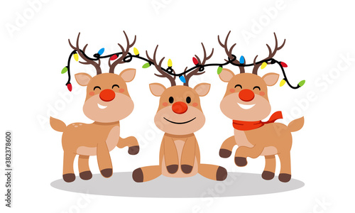 Group of cute reindeer decorated with Christmas lamp. Holiday clip art. Cute flat vector illustration isolated on white background.