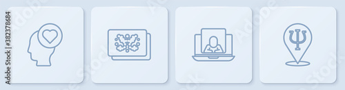 Set line Broken heart or divorce, Psychologist online, Rorschach test and Psychology, Psi. White square button. Vector.