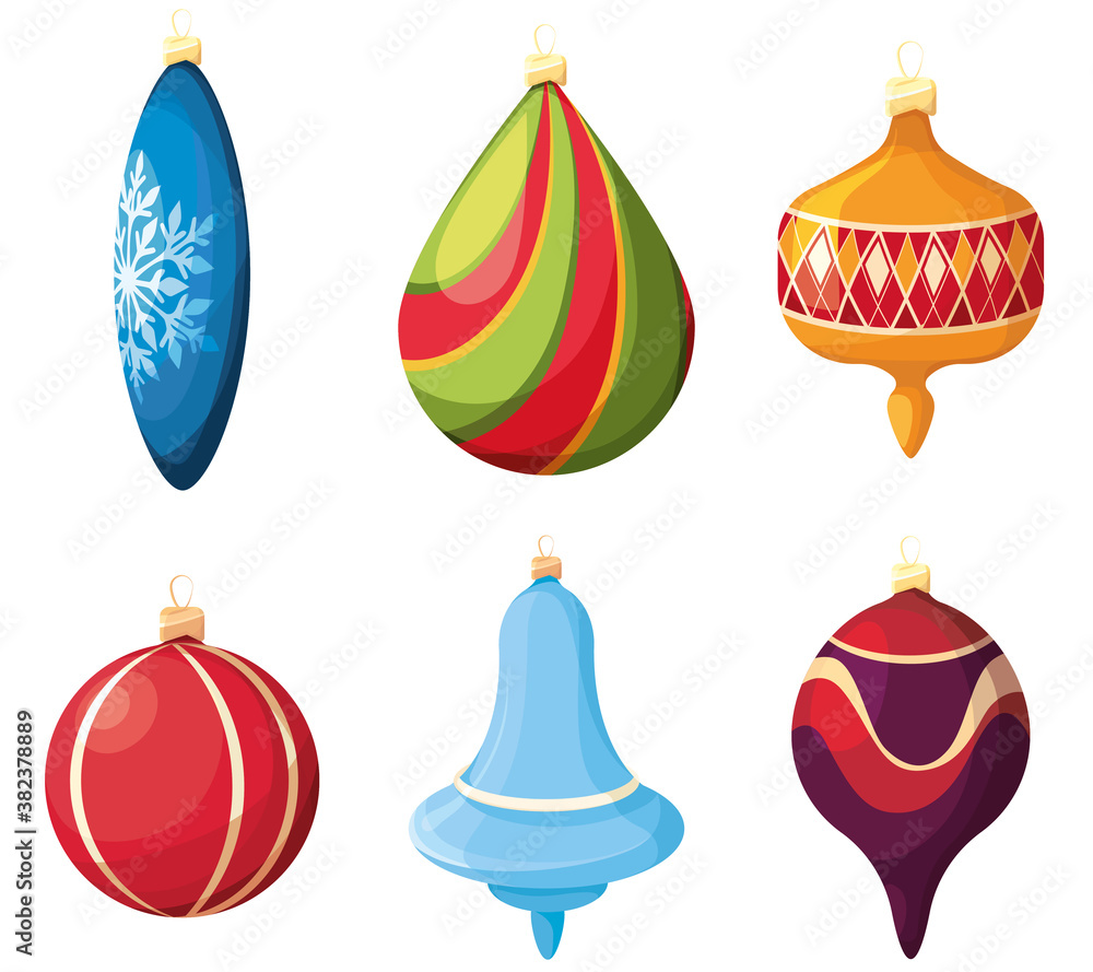 Set of Christmas tree toys. Festive decor in cartoon style. Set of Christmas tree toys. Festive decor in cartoon style.