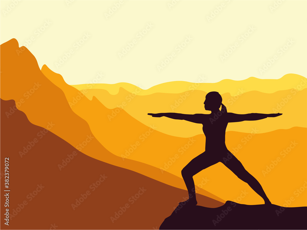 Silhouette of girl practicing yoga. Mountains in the background. Sunrise, yoga sun salutation. Healthy lifestyle.