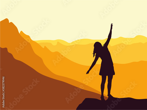 Girl stands on the top of the mountain in dance pose. Sunset, orange mountain background, illustration. 
