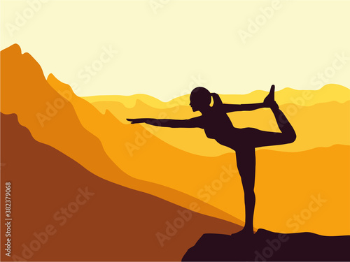 Silhouette of girl practicing yoga. Mountains in the background. Sunrise, yoga sun salutation. Healthy lifestyle.