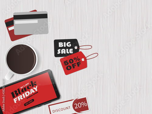 Wallpaper Mural Online shopping concept. Black friday. Big sale. Workspace with smartphone, red and black tags and credit cards. Top view, flat lay. Vector illustration Torontodigital.ca