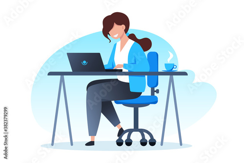A woman works at a laptop and drinks coffee. Home office, freelance and online training, education. Vector flat illustration.