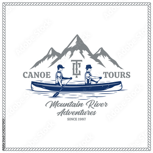 Vector canoe tours logo with two canoers and a mountain silhouette. Water sport, recreation, and canoeing badge design concept