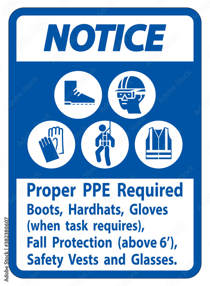 Obraz premium Notice Sign Proper PPE Required Boots, Hardhats, Gloves When Task Requires Fall Protection With PPE Symbols