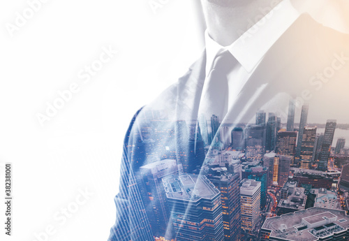 Double exposure of Business people in thoiughful agreement