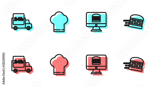 Set line Online ordering and delivery, Fast by car, Chef hat and burger icon. Vector.