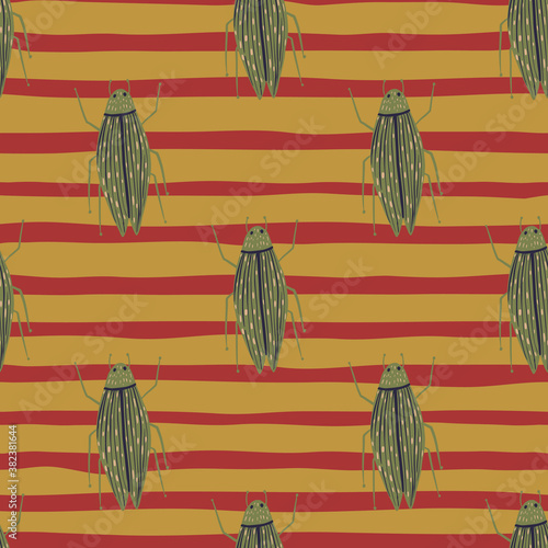 Pale seamless botanic pattern with insects silhouettes. Green bugs ornament on background with red and ocher lines.