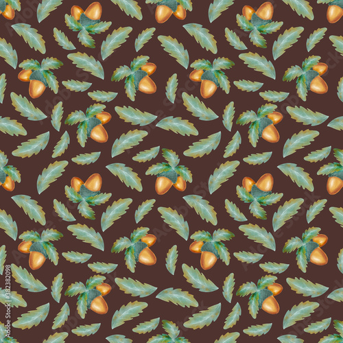 Seamless pattern with oak leaves and acorn on brown baclground. Watercolor autumn background