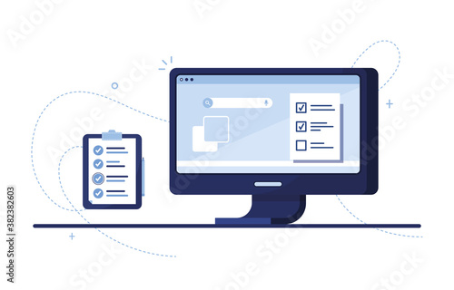 Computer monitor with to do list. Pc screen. Home workplace. Completed tasks or mission complete. Internet job. Check mark in clipboard. Written exam. Flat style. Blue