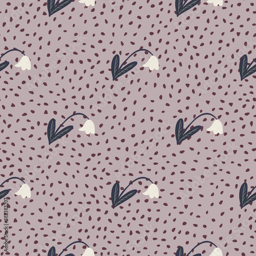 Bluebell ornament seamless doodle pattern. Campanula simple shapes on purple background with dots. Floral backdrop.