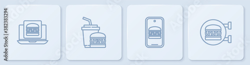 Set line Online ordering burger delivery, and, Paper glass and . White square button. Vector.