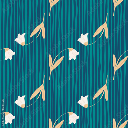 Wildflower seamless pattern with stylized bluebell simple silhouettes. Turquoise striped background. Harebell print.