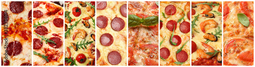 Collage with different pizzas, closeup view. Banner design