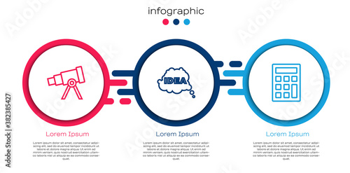 Set line Telescope, Idea, speech bubble and Calculator. Business infographic template. Vector.