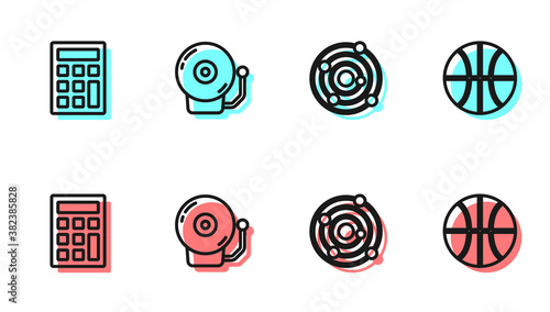 Set line Solar system, Calculator, Ringing alarm bell and Basketball ball icon. Vector.