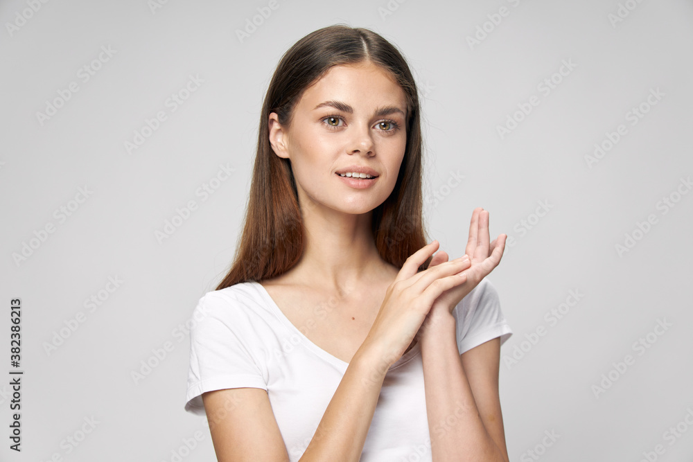 Woman with long hair attractive look white t-shirt Woman with long hair attractive look white t-shirt