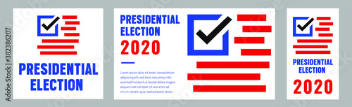 Vote 2020 in USA, banner design. American patriotic background election day. Usa debate of president voting. Election voting poster. Political election campaign. Flyer vector blue red white logo.
