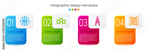 Set line Basketball ball, Chemical formula, Drawing compass and Abacus. Business infographic template. Vector.