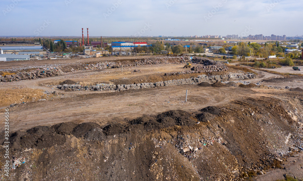 aerial view of the city's garbage dump on the outskirts of the city