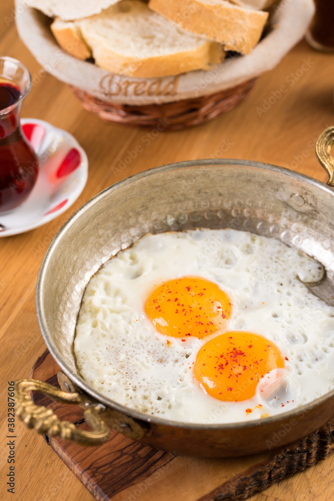 Traditional Turkish Breakfast - Fried Egg, Bread and Tea