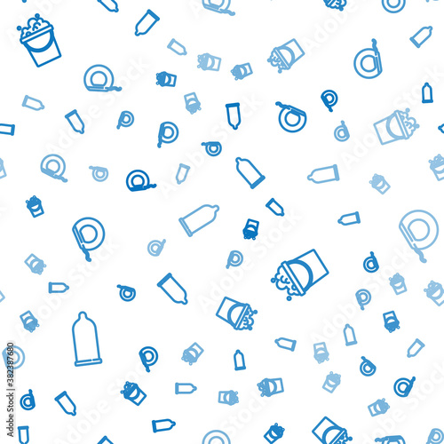Set line Condom, Bucket with soap suds and Dental floss on seamless pattern. Vector.