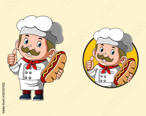 The chef is holding the big hot dog for the logo restaurant