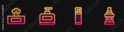 Set line Shaving gel foam, Wet wipe pack, Bottle of shampoo and Mouthwash bottle. Glowing neon icon. Vector.