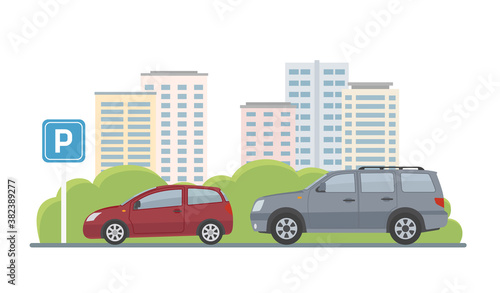 Fototapeta Naklejka Na Ścianę i Meble -  Parking lot with two cars on city background. Flat style, vector illustration.