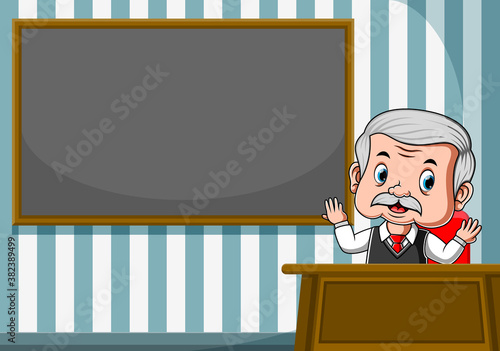 The teacher presentation in front of the class beside the board