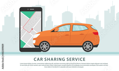 Car sharing service or online transportation concept. People use smartphone to order online transportation car based on GPS. Vector Illustration.