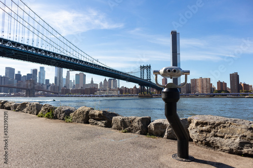 Viewfinder on the Dumbo Brooklyn Riverfront with the Manhattan Bridge over the East River in New York City
