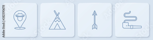Set line Location cowboy, Crossed arrows, Indian teepee or wigwam and Smoking pipe. White square button. Vector.