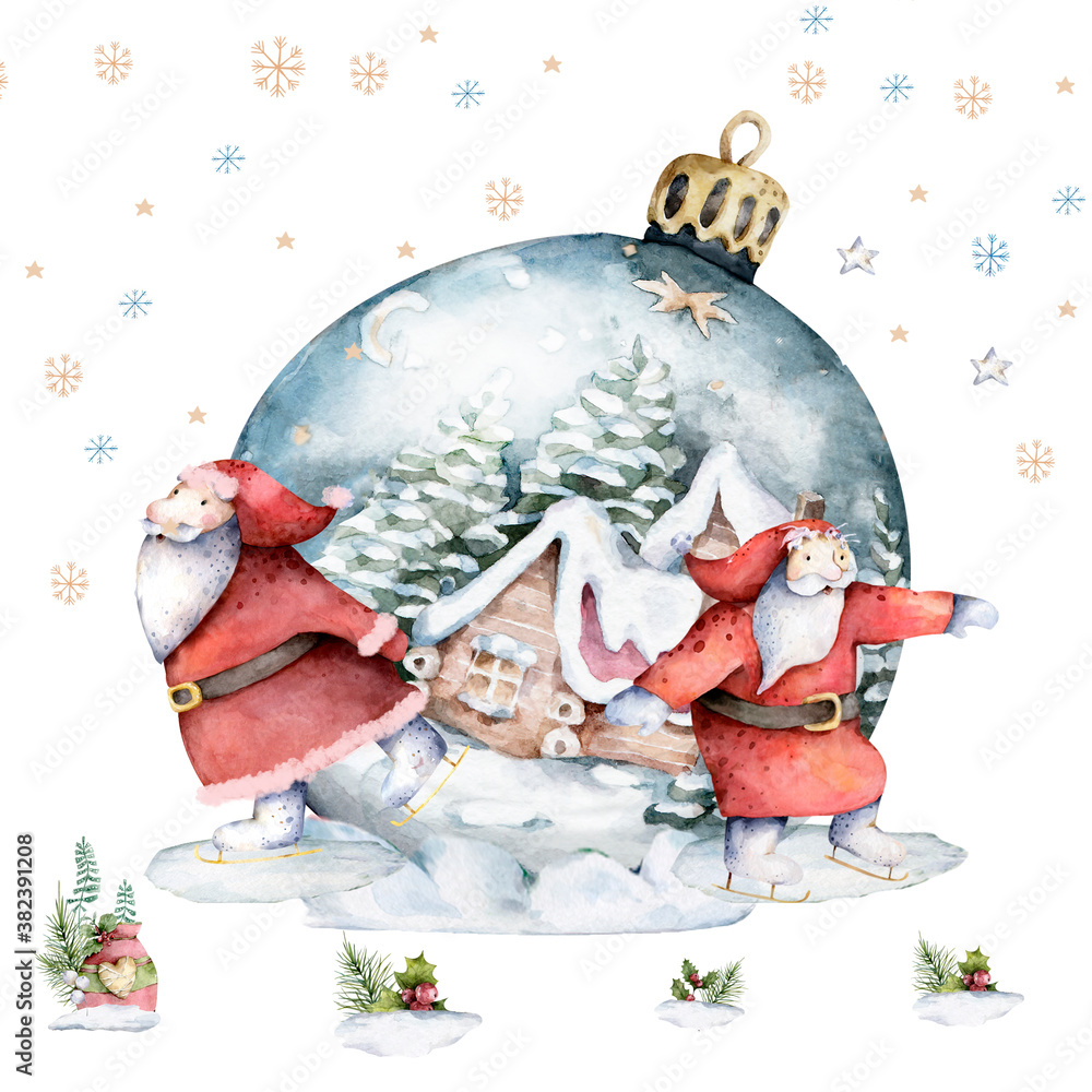 Naklejka premium Skating Santa Claus with Christmas ball. Hand drawn watercolor winter christmas set islated illustration. Happy new year card