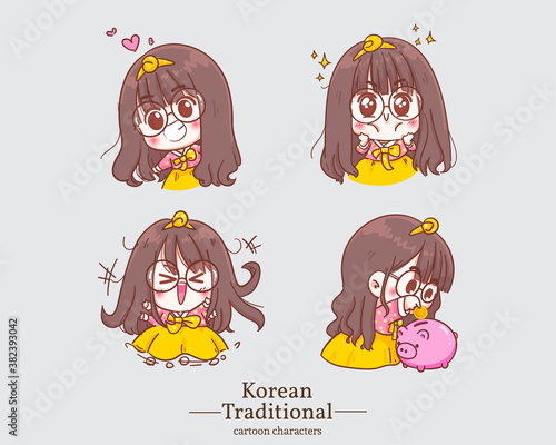 Korean characters of happy cute girls in traditional korean hanbok dress cartoons. set illustration logo. Premium Vector