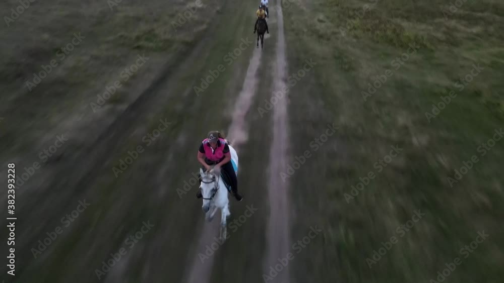 Horsewomen gallop on horseback along a dirt road among the hills. View from drone. Horsewomen gallop on horseback along a dirt road among the hills. View from drone.