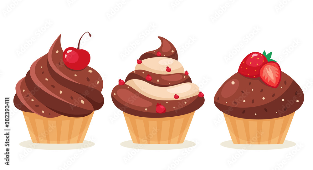 Chocolate cupcakes with cherry, strawberry, currant. Pastries, chocolate glaze. Vector illustration in a flat style. Chocolate cupcakes with cherry, strawberry, currant. Pastries, chocolate glaze. Vector illustration in a flat style.